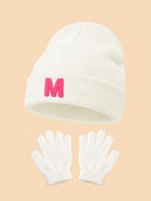Set 2 Buah Topi Rajut Lipat Bergaris Putih dan Sarung Tangan Tanpa Jari, Bordir Huruf Personalisasi 26 Pilihan, Kain Elastis Ramah Kulit Dapat Dicuci, Cocok untuk Paduan Pakaian Musim Gugur/Musim Dingin Anak Perempuan - Putih - View 20
