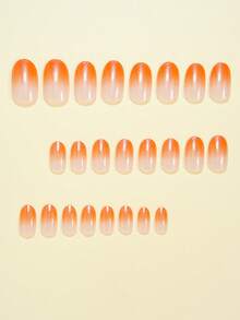 Elevate Your Elegance 24pcs Oval Orange Gradient Tie Dye Autumn/Winter Press-On Nails, Removable Glossy Full Coverage Press-On Nails For Women's Daily Wear And Party Nail Decoration, Includes Jelly Glue And Nail File, Jelly Glue Randomly Sent - Multicolor - View 2
