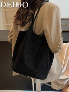 Dedoo 麂皮水桶托特包 純色雙長肩帶 大容量復古單肩包 女款 秋冬通勤旅行用 - 黑色 - 查看 4