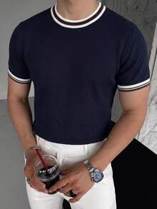 Men's Classic Colorblock Crew Neck Short Sleeve Sweater, Suitable For Summer Outings, Essential Fashion Knit Top - Navy Blue - View 10