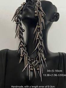 1pc Women's Necklace, Distressed Silver Metal, Rivet Round Bead Tassel Chain, Gothic Dark Punk Necklace, Party Gathering Dance Outfit - Silver - View 2