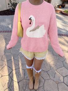 Casual Healing Atmosphere Cartoon Swan Jacquard Knit Top Women's Loose Long Sleeve Pullover Sweater Round Neck Dropped Shoulder Front Chest Swan Jacquard Texture Pattern Soft Skin-Friendly Breathable Autumn/Winter Sweet Knit Top - Pink - View 8