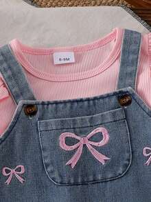 Baby Girl Soft & Cute 3-Piece Set, Pink Ribbed Ruffle Flutter Sleeve Long Sleeve Inner Top + Embroidered Bow Light Wash Denim Overall Pants + Pink Bow Headband, Sweet Spring/Autumn Outfit For Infants And Toddlers - Pink - View 9