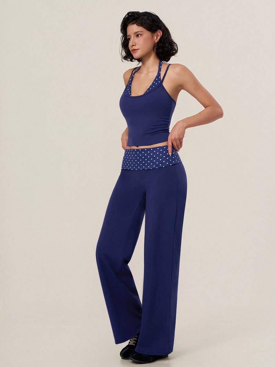 TimeOff Bộ đồ thể thao nữ 2 trong 1 họa tiết chấm bi phối patchwork, áo tank top cổ V yếm và quần ống rộng cạp gấp - Màu xanh lam - Xem 1