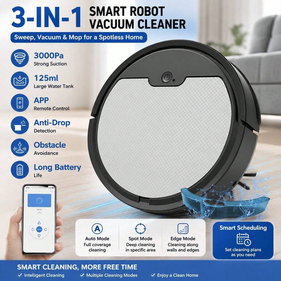 Smart Robot Vacuum Cleaner, 3-In-1 Sweep Vacuum Mop, APP Remote Control, 125ML Large Water Tank, Anti-Drop & Obstacle Avoidance, Multiple Cleaning Schedules, 3 Cleaning Modes, Automatic Household Floor Cleaner