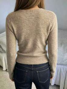 Women's Khaki Knit V-Neck Button Decor Pullover Sweater, Autumn/Winter - Khaki - View 2