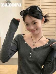 女款鉚釘黑色V領長袖T恤，修身版型，可作為外套或內搭穿著 - 深灰色 - 查看 7