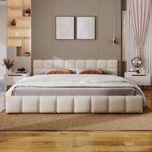 Elegant Beige Chenille Upholstered Bed With Checkerboard Design Queen Beige - Beige + Chenille + Queen1 - View 5