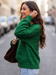 NZZOF Solid Color Round Neck Long Sleeve Minimalist Pullover Sweater - Green - View 5
