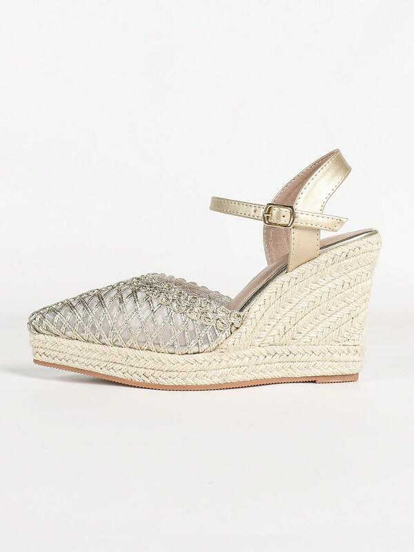 Women's Pointed Toe Straw Woven Wedge Sandals With Metallic Lace Upper, Ankle Strap Buckle, Thick Platform Sole, Summer Bohemian Style Party Shoes