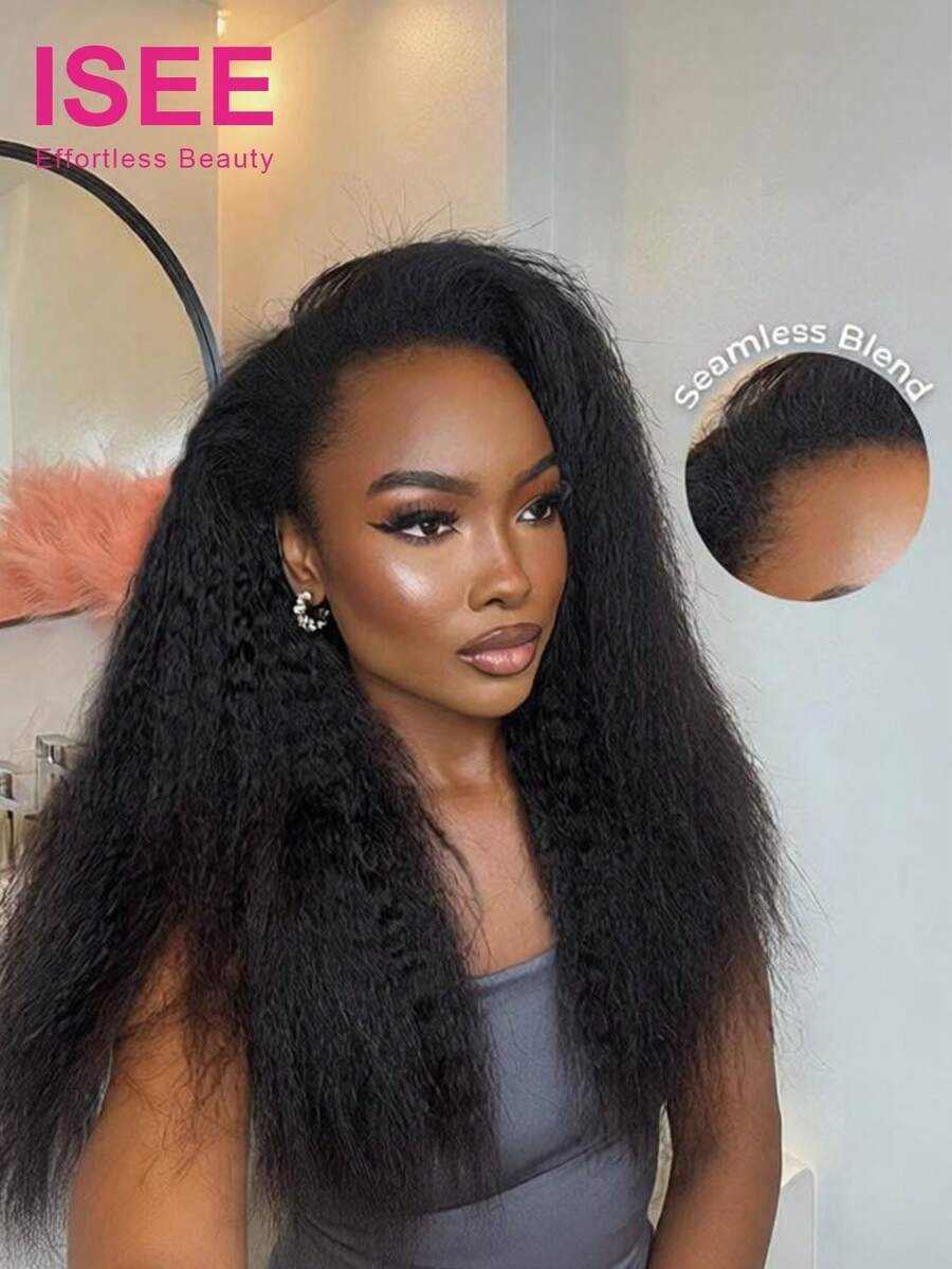 ISEE Kinky Straight Half Wig InvisiFit Banded Style 180% Density 14-16 Inch Bob/18-28 Inch Flexible Fit 3-In-1 Human Hair Half Wig Ready To Wear No Glue Hairpiece Natural Black Suitable For Beginners Women's Daily Wear - S1 - View 1