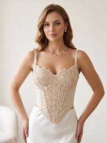 Fantasy Handmade Corset Elegant Bustier Pearls Crop Top Camisole Fashion Backless Romantic Dating Party Apricot Summer Tank Top With Bra - Apricot - View 3