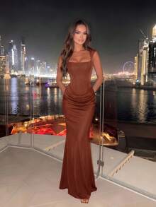 Women's Sleeveless Backless Draped Mermaid Gown With Back Tie Design, Perfect For Formal Occasions And Parties - Brown - View 5