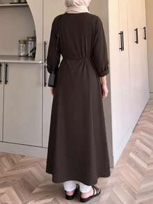 Women's Casual Minimalist Long Sleeve Collared Tie Waist High Slit Long Shirt Blouse, Solid Color Front Button Tie High Slit To Thigh, Suitable For Commute, Daily Wear And Dating - Brown - View 3