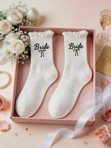 Bridal Bridesmaid Ruffle Socks, Bachelorette Party Favors, White Vertical Stripe Letter Print Mid-Calf Socks, Bridal Shower Wedding Gifts For Bridesmaid Squad, Suitable For Bachelorette Party, Women's Pre-Wedding Party, Bridal Shower, Bridesmaid Luncheon, Wedding Rehearsal Dinner, Wedding Day, Bridesmaid Squad Favors, Bridesmaid Invitation Gifts, Wedding Keepsake Accessories - View 2