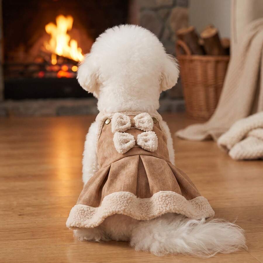 1pc Dog Dress, Double Bow Design Plush Pet Harness Dress, Suitable For Small/Medium Dogs, Puppies, Cats, Autumn/Winter Cold Weather Outings And Daily Pet Clothing - Brown - View 1