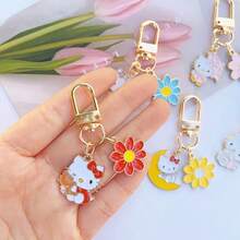SANRIO 1pc Cartoon Hello Kitty Flower Keychain Cute Bag Pendant Metal Accessory, Adorable Bag And Car Key Chain Pendant, Suitable For Hello Kitty Fans, Great Gift For Family And Friends - A - View 3