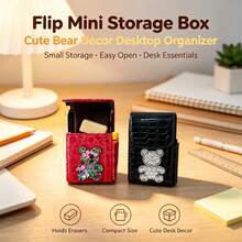 Cute Rhinestone Bear Mini Flip Storage Case, Crocodile Texture Faux Leather Small Cosmetic Pouch, Portable Lipstick Eraser Jewelry Organizer Box With Pen Slot, Compact Decorative Holder For Tiny Accessories, Ideal Daily Use & Gift - Multicolor - View 7