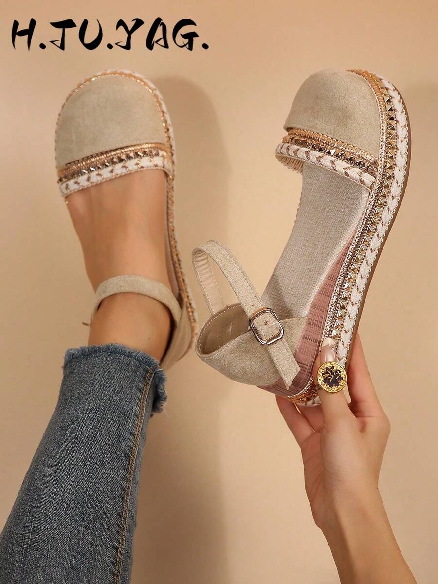 Bohemian Style Woven Closed-Toe Sandals For Women, Vintage Rivet Hemp Rope Thick Sole Back Buckle Casual Beach Shoes