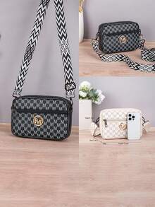 Printed Crossbody Camera Bag, Golden M-Letter Metal Emblem, Geometric Wide Adjustable Shoulder Strap, Fashionable And Small Square Ladies' Handbag - Multicolor - View 7