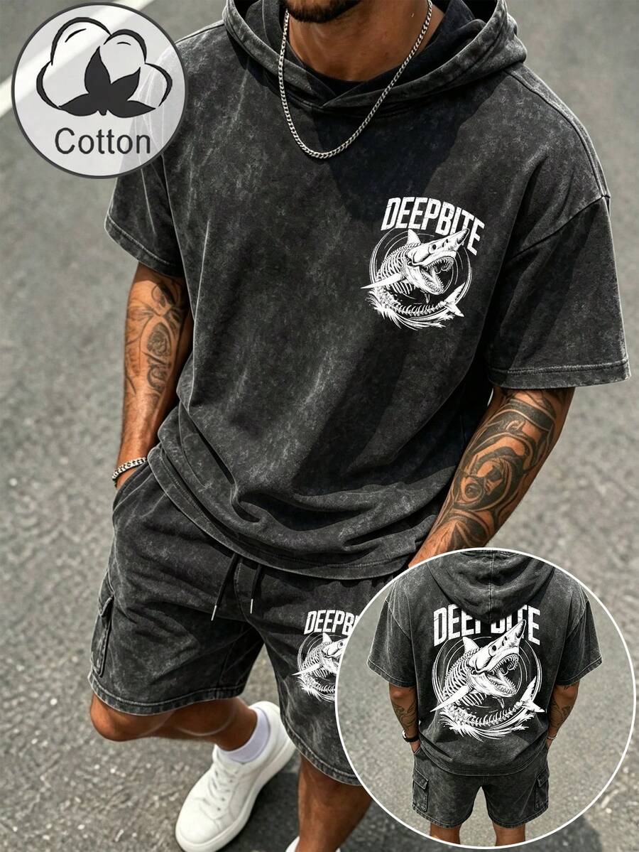 [Smple]Men's Retro Distressed Hooded Short-Sleeve T-Shirt And Cargo Shorts Set, Machine Washable Fabric, Printed Set, Comfortable Summer Streetwear. - Black - View 1