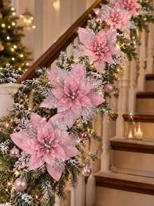 12/6pcs Pink Christmas Artificial Flowers With Clips And Sequins, Suitable For DIY Wreaths, Winter Parties, Christmas Tree Decorations And Christmas Party Decor - Pink - View 5