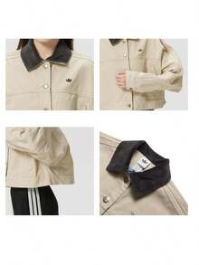 Adidas Originals Women's Sports Jacket P ESS TT Casual Colorblock Turn-Down Collar Canvas Short Jacket KE1069 - Grey Stone Khaki Brown - View 8