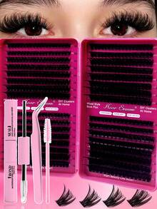 640/200pcs D-Curl Single Lash Extensions Large Capacity Lash Book, Includes Adhesive And Sealer, Tweezers, Brush, DIY Home Lash Extension Kit For Beginners, Easy To Use, Fluffy Dense Natural Look, Suitable For Daily/Light/Heavy/Cosplay Makeup - Rose Red - View 1