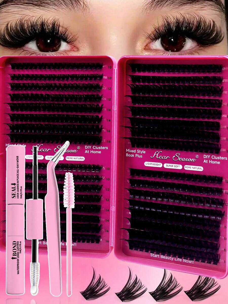 640/200pcs D-Curl Single Lash Extensions Large Capacity Lash Book, Includes Adhesive And Sealer, Tweezers, Brush, DIY Home Lash Extension Kit For Beginners, Easy To Use, Fluffy Dense Natural Look, Suitable For Daily/Light/Heavy/Cosplay Makeup - Rose Red - View 1