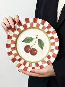 1pc French Wave Edge Fruit Ceramic Plate, Hand-Painted Plaid Plate, 8inch Plate, Steak And Pasta, Perfect For Bread, Cake, Dessert, Fruit, Salad, Mother's Day, Thanksgiving - Multicolor - View 9