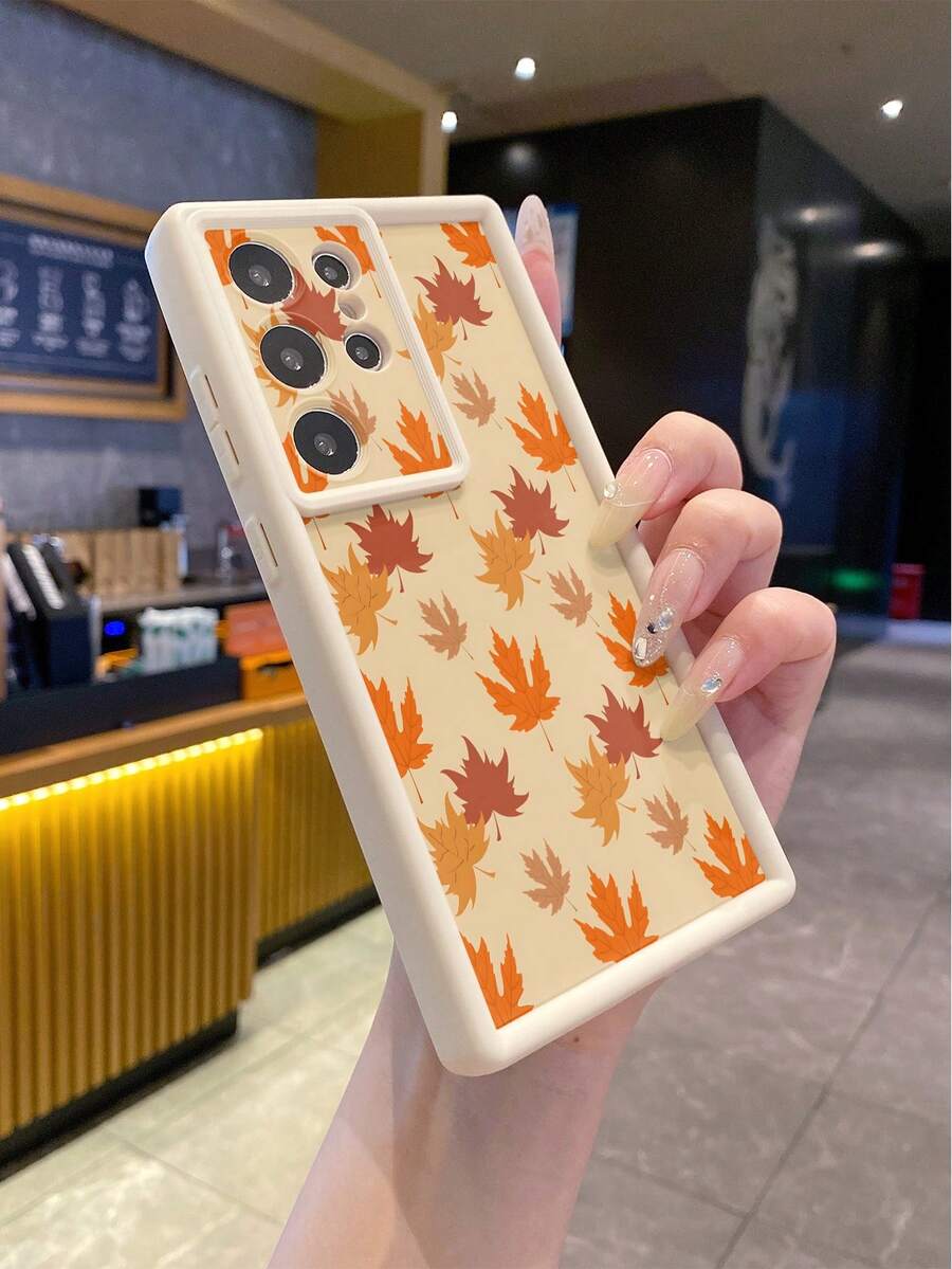 1pc Fashion Pure Android TPU Material Brown Maple Leaf Autumn Plain Pattern Lens Protection Thick Anti-Drop Anti-Fingerprint Beige Diamond Sand Phone Case Compatible With Samsung/Transsion/HONOR/ - Beige - View 1