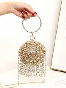 Mini Rhinestone Tassel Handheld Spherical Evening Bag - Gold - View 2