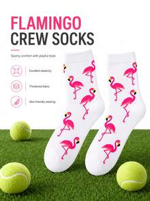 4 Pairs Women Flamingo Jacquard Tennis Crew Socks, White All‑Over Pink Flamingo Printed Rib Cuff High‑Stretch Moisture‑Wicking Wear‑Resistant Knit - Multicolor - View 7