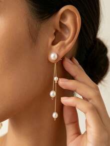 1 Pair French Luxury Asymmetrical Multi-Layer Faux Pearl Tassel Long Earrings, Gentle French Style, Minimalist Versatile Wear - White/Gold - View 5