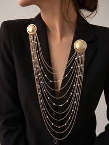 1pc Multi-Layer Tassel Chain Design Brooch, Exaggerated Geometric Pearl Chain Pendant - Gold - View 1