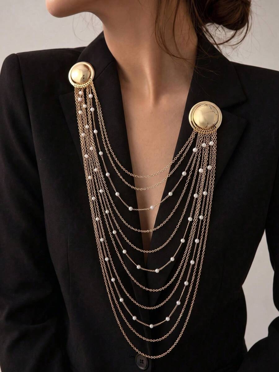 1pc Multi-Layer Tassel Chain Design Brooch, Exaggerated Geometric Pearl Chain Pendant - Gold - View 1