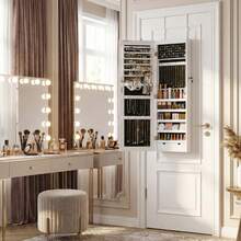 SONGMICS Armadio Portagioie da Muro con Specchio Senza Cornice, 6 Luci a LED, da Porta o Muro, con 2 Cassetti, Bianco - Bianco - Visualizzare 5