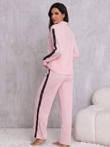 Women's Spring Autumn Winter Pajama Set, Contrast Color Ribbed Knit Fashion Lace Trim Minimalist Half-Zip Lapel Pullover Long Sleeve Casual Pants Comfortable Loungewear 2-Piece Set - Pink - View 3