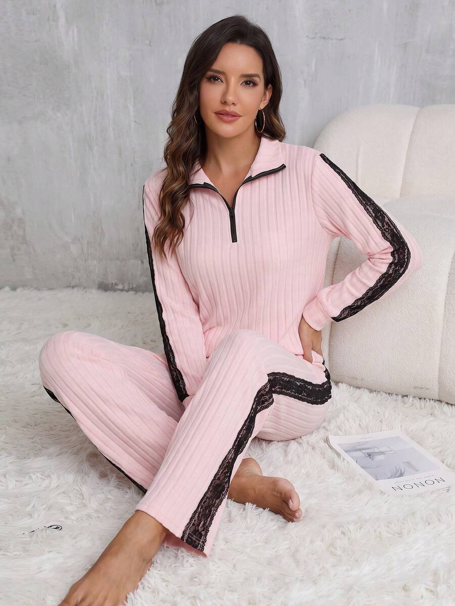 Women's Spring Autumn Winter Pajama Set, Contrast Color Ribbed Knit Fashion Lace Trim Minimalist Half-Zip Lapel Pullover Long Sleeve Casual Pants Comfortable Loungewear 2-Piece Set - Pink - View 1