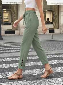 Drawstring Waist Slant Pocket Button Decor Casual Tapered Pants, Work To Weekend - Matcha Green - View 5