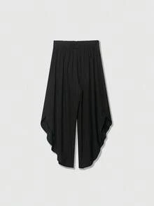 Women's High Waist Split Hem Drape Wide Leg Pants - Black - View 2