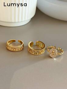 3pcs Old Money Style Cubic Zirconia Geometric Stackable Copper Rings Set, Suitable For Women's Daily And Party Wear, Quiet Luxury - Yellow Gold - View 1