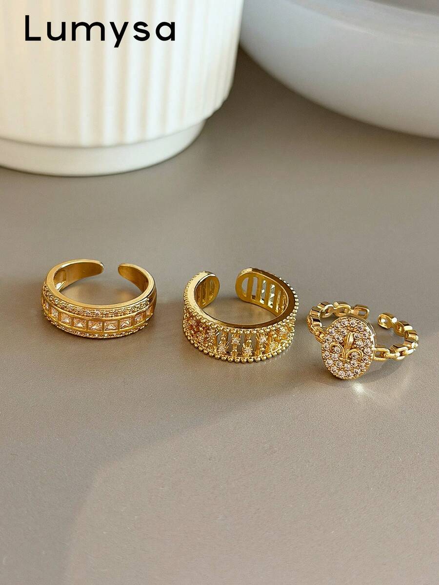 3pcs Old Money Style Cubic Zirconia Geometric Stackable Copper Rings Set, Suitable For Women's Daily And Party Wear, Quiet Luxury - Yellow Gold - View 1