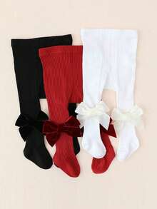 3 Pairs Girls' All-Season Tight Striped Tights With Bow Decoration, Children's Base Layer Tights Suitable For Girls' Autumn Daily Wear - Multicolor - View 11