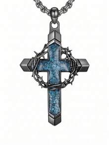 1pc Thorn Wrapped Cross Necklace With Faux Turquoise, Black Hollow Punk Style, Suitable For Men's Party, Daily Wear And Music Festival - Black - View 3