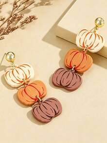 1 Pair Autumn Pumpkin Dangle Earrings, 3-Layer Colorful Pumpkin Drop Earrings, Thanksgiving Harvest Festival Costume Accessory - Style 1 - View 6