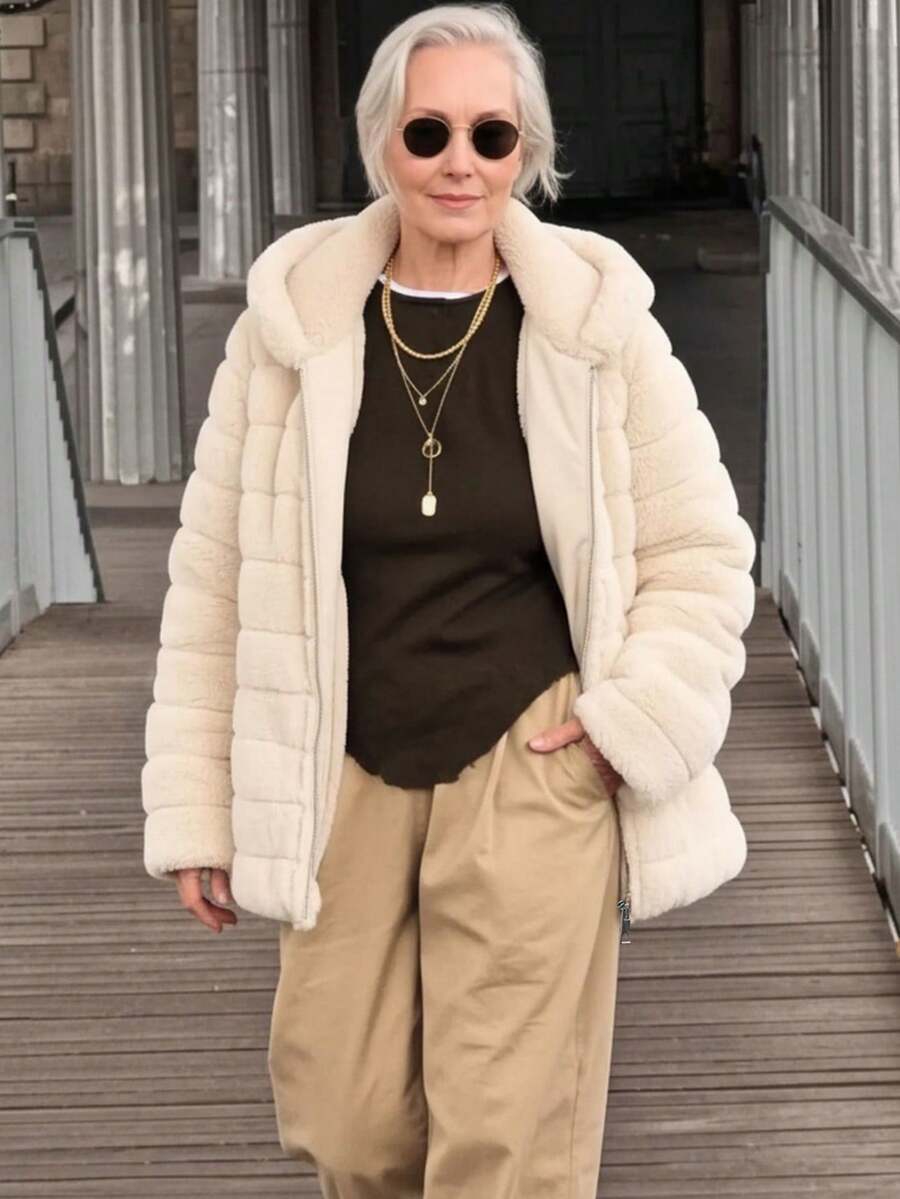 Women's Faux Fur Hooded Pocket Jacket - Perfect Choice For Autumn/Winter - Beige - View 1