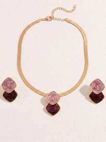 3pcs Vintage Artistic Style Wine Red & Purple Gradient Square Necklace & Earrings Set, Featuring Gold Snake Chain With Double-Layer Asymmetrical Square Pendant And Matching Earrings, Oil Painting-Like Blended Colors And Unique Design, Suitable For Dates, Art Exhibitions Or Elegant Commute Occasions, Showcasing Artistic Elegant And Unique Fashion For Women - Yellow Gold - View 4