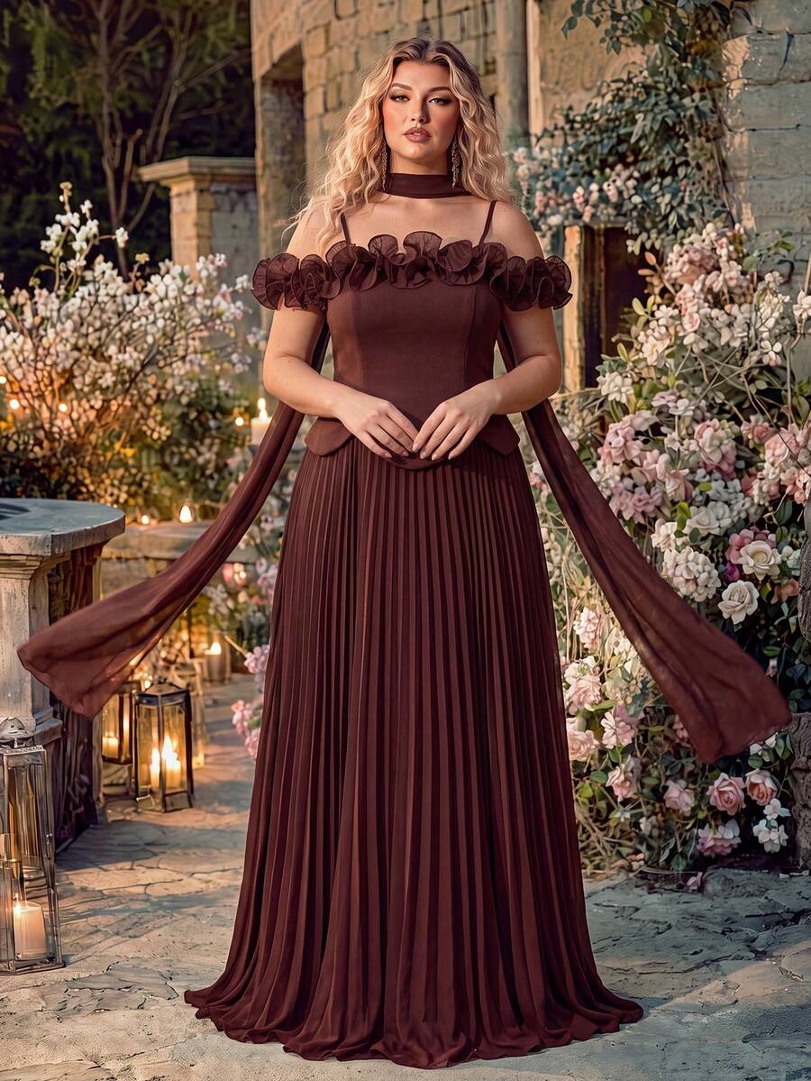 QOQ Women Plus Size Elegant Romantic Vintage Thin Strap Sleeveless Formal Evening Gowns Hoco Homecoming Ruffle Dinner Date Cocktail Party Maxi Dresses - Brown - View 1