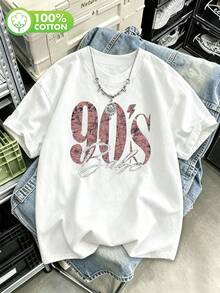 女款大尺碼 90 年代復古印花 T 恤－休閒短袖水洗上衣，大號復古字母圖案－100% 純棉－四季皆宜 - 白色 - 查看 1